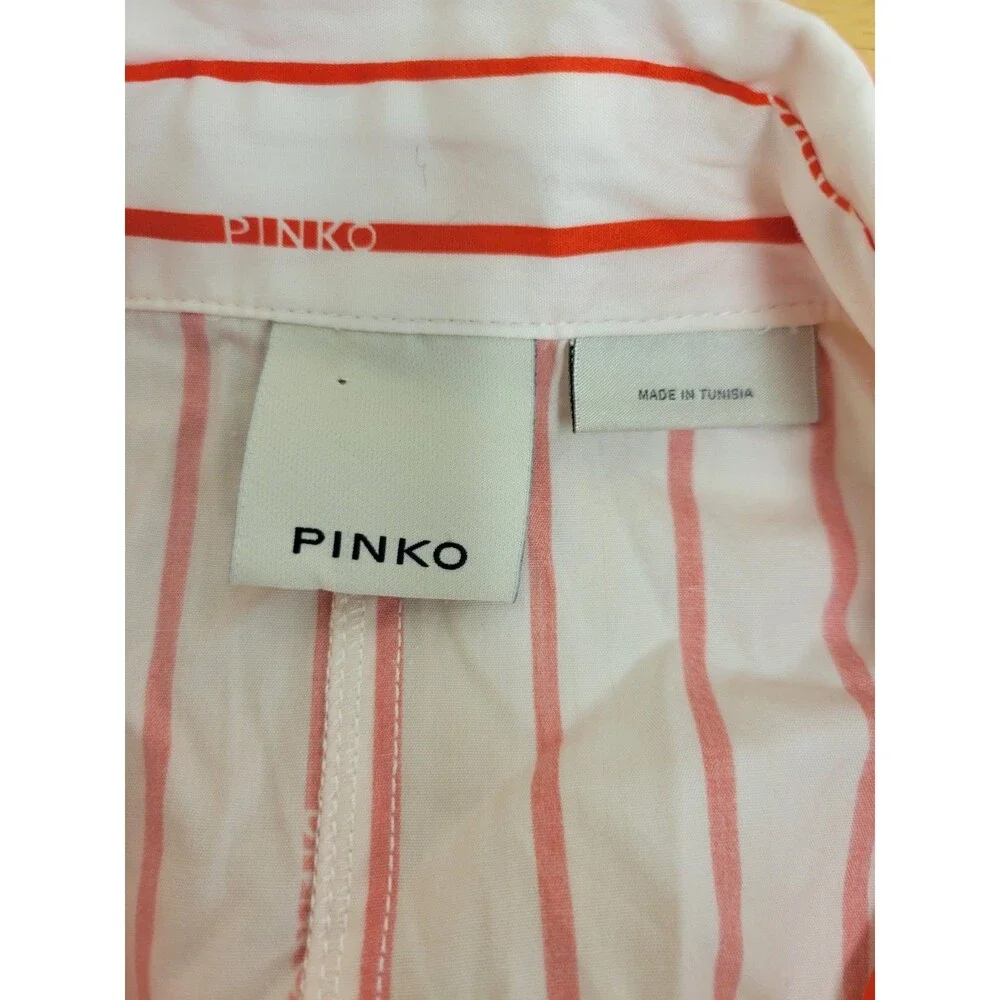 PINKO Pink Red Striped Cotton Collared Short Sleeve Button-Up Tie Front Lux 6